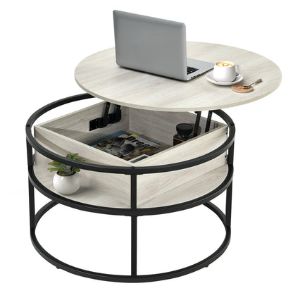 Table basse ronde Moasis avec plateau relevable et rangement dissimulé