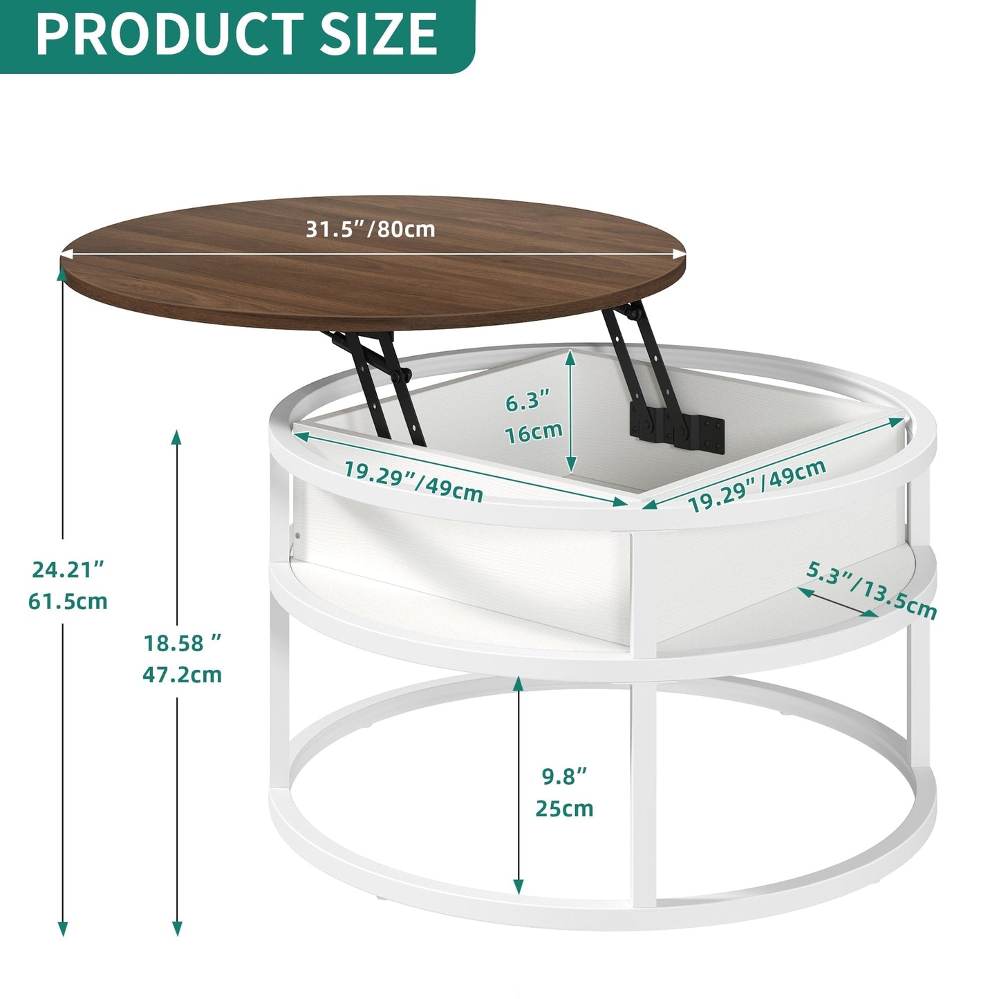 Table basse ronde Moasis avec plateau relevable et rangement dissimulé