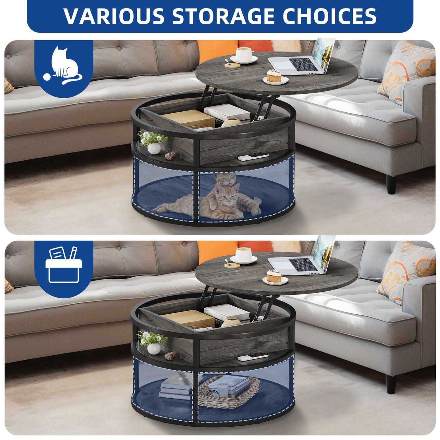 Table basse ronde Moasis avec plateau relevable et rangement dissimulé