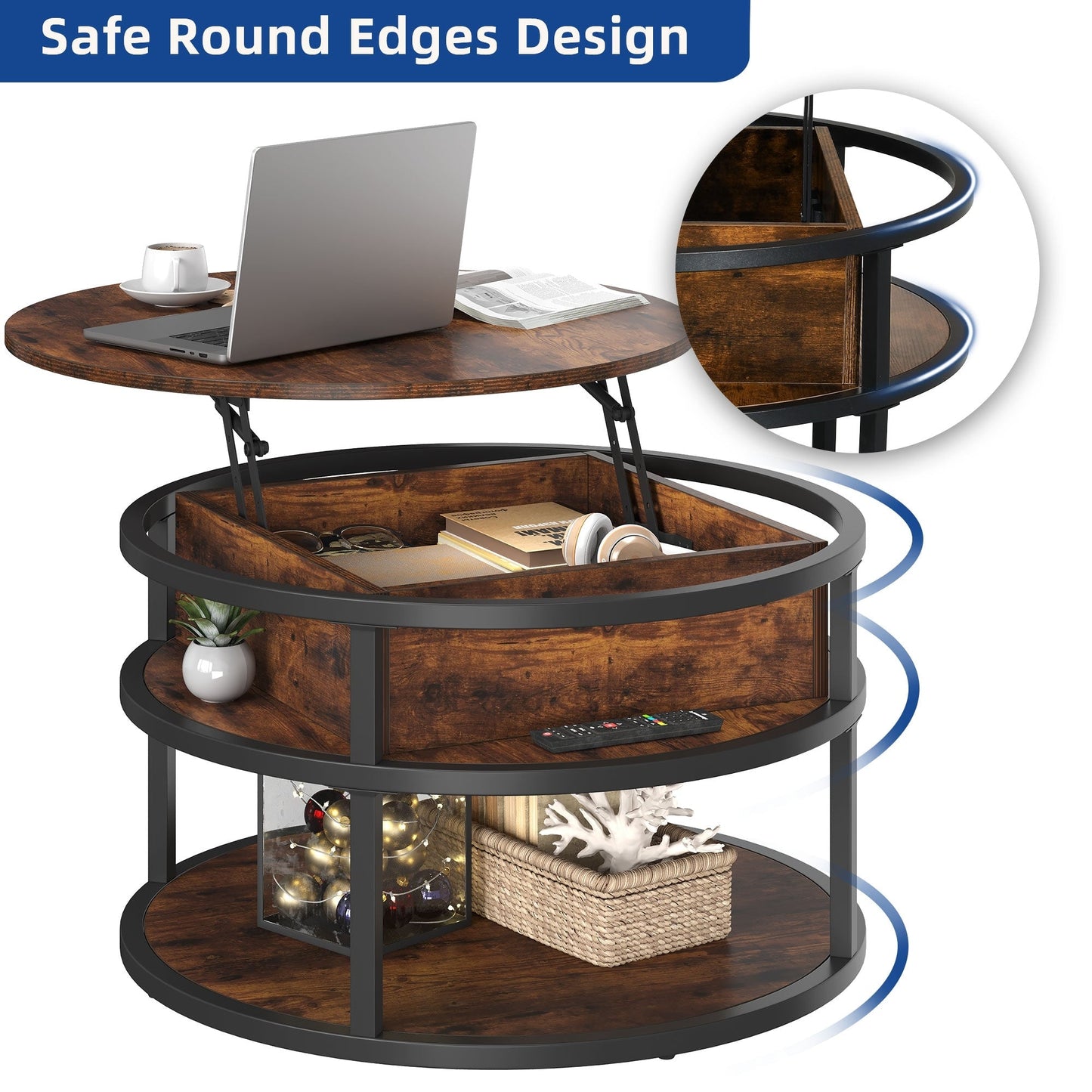 Table basse ronde Moasis avec plateau relevable et rangement dissimulé
