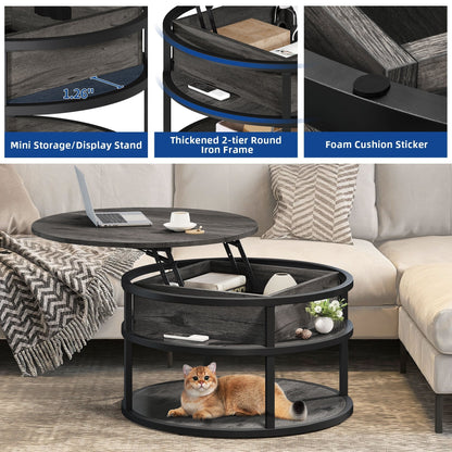 Table basse ronde Moasis avec plateau relevable et rangement dissimulé