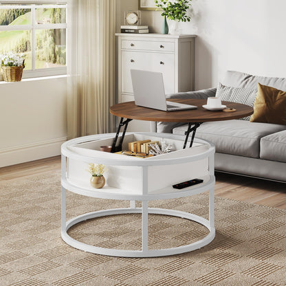Table basse ronde Moasis avec plateau relevable et rangement dissimulé