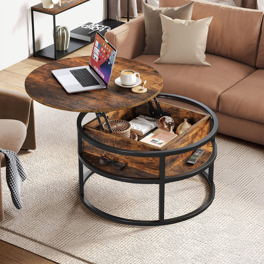 Table basse ronde Moasis avec plateau relevable et rangement dissimulé