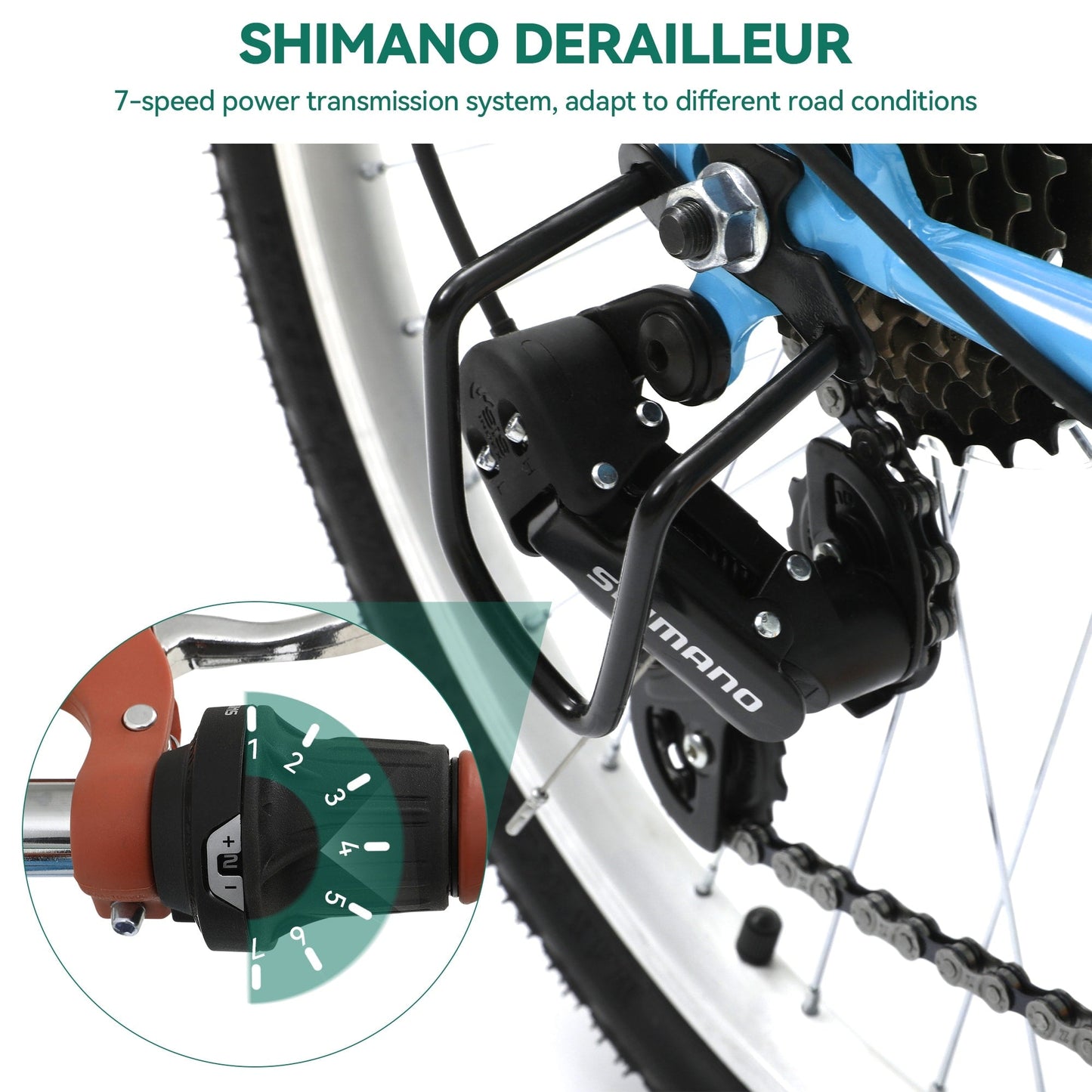 Vélo de ville Moasis24/26 à 7 vitesses, cadre ouvert réglable, idéal pour les trajets domicile-travail.