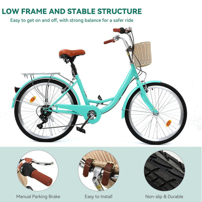 Vélo de ville Moasis24/26 à 7 vitesses, cadre ouvert réglable, idéal pour les trajets domicile-travail.