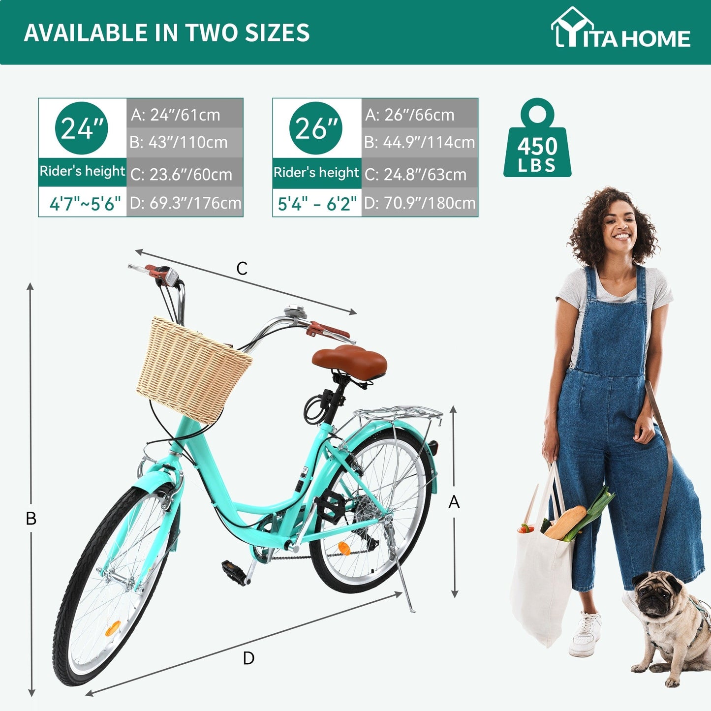 Vélo de ville Moasis24/26 à 7 vitesses, cadre ouvert réglable, idéal pour les trajets domicile-travail.