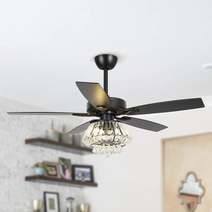 Ventilateur de plafond moderne chromé de 132 cm avec lustre en cristal et télécommande