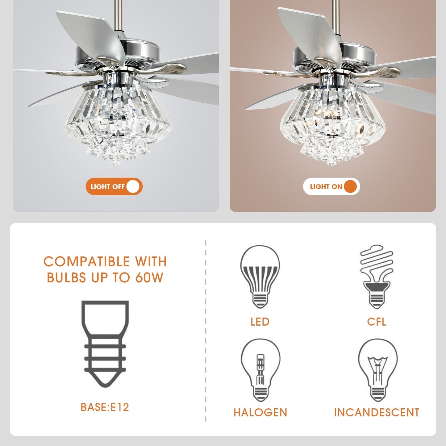 Ventilateur de plafond moderne chromé de 132 cm avec lustre en cristal et télécommande