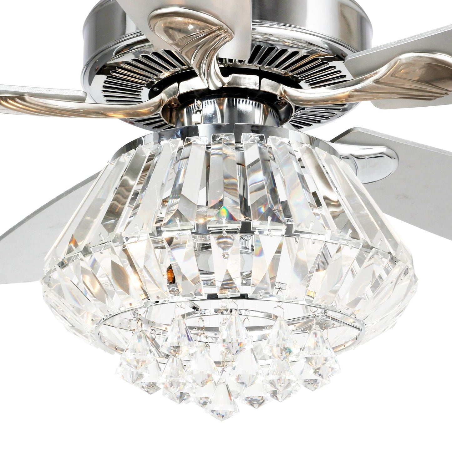 Ventilateur de plafond moderne chromé de 132 cm avec lustre en cristal et télécommande