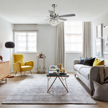 Ventilateur de plafond moderne chromé de 132 cm avec lustre en cristal et télécommande