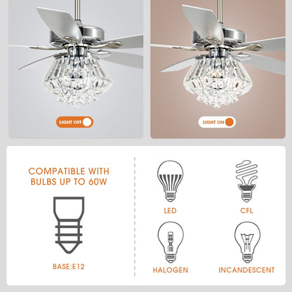 Ventilateur de plafond moderne chromé de 132 cm avec lustre en cristal et télécommande