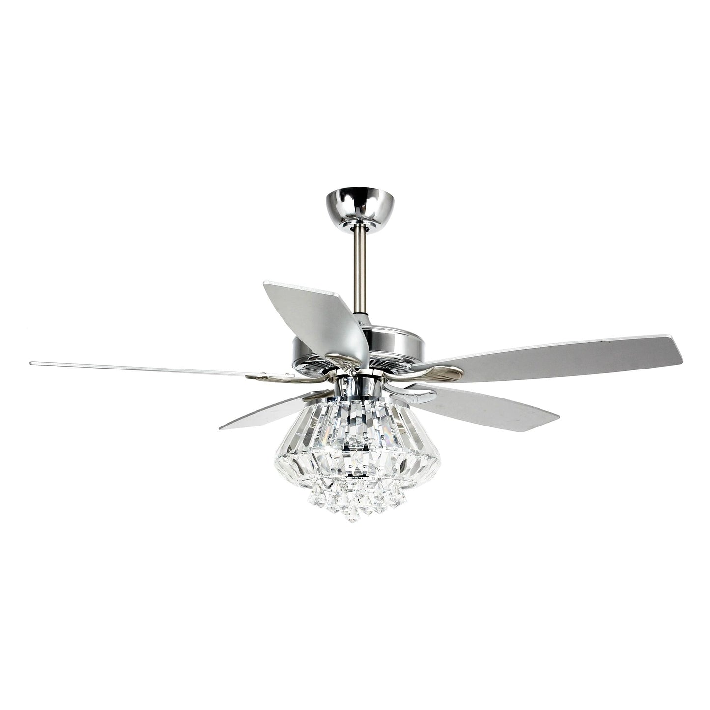 Ventilateur de plafond moderne chromé de 132 cm avec lustre en cristal et télécommande