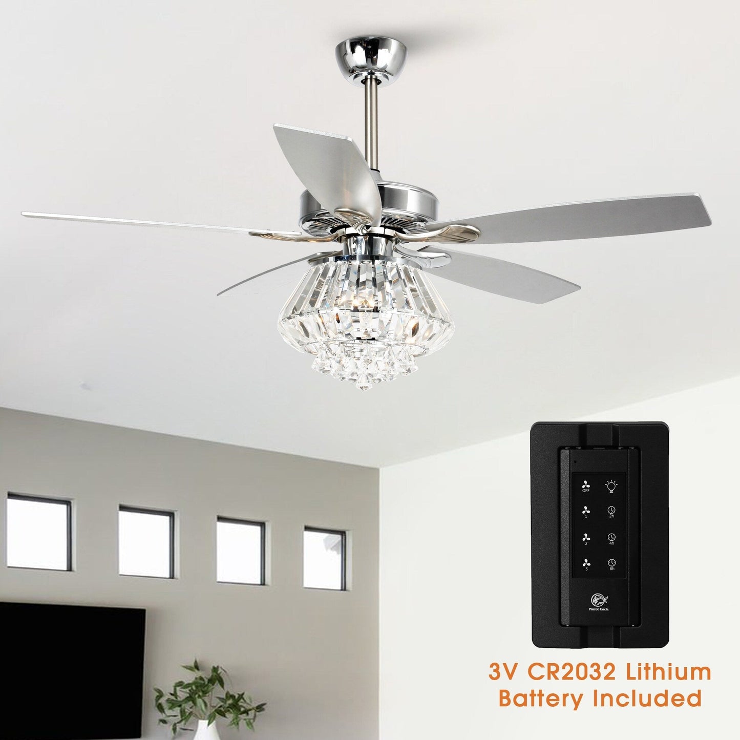 Ventilateur de plafond moderne chromé de 132 cm avec lustre en cristal et télécommande