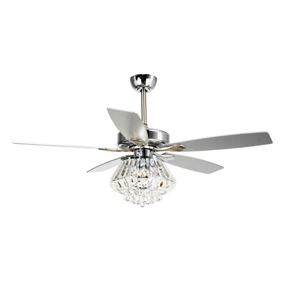 Ventilateur de plafond moderne chromé de 132 cm avec lustre en cristal et télécommande