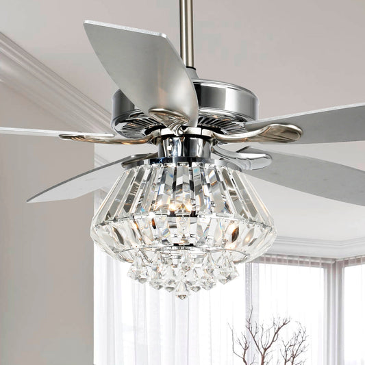 Ventilateur de plafond moderne chromé de 132 cm avec lustre en cristal et télécommande