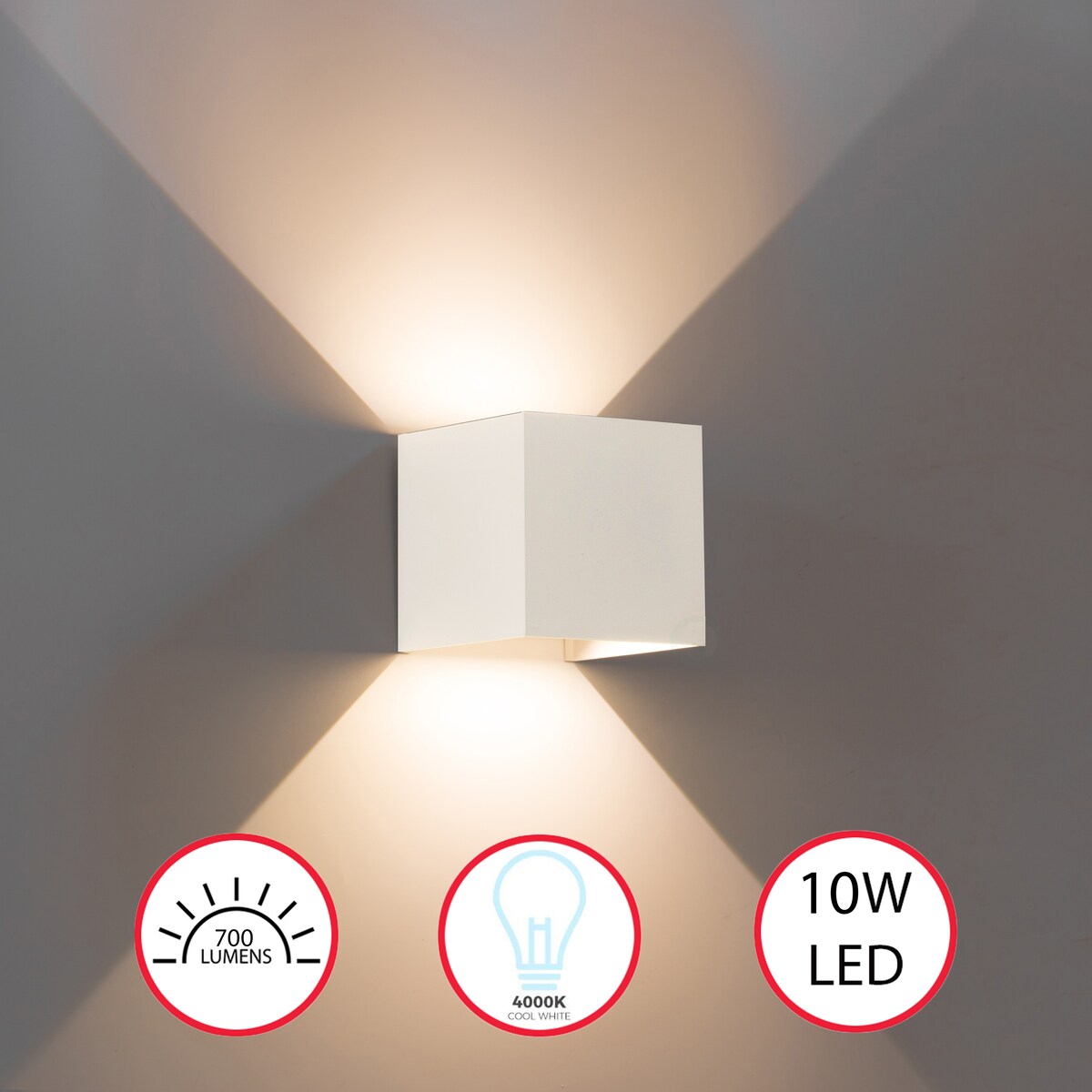 Applique murale moderne LED étanche en aluminium avec faisceau réglable, 10 watts, blanc froid 4000K, pour intérieur et extérieur.