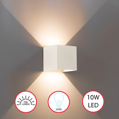 Applique murale moderne LED étanche en aluminium avec faisceau réglable, 10 watts, blanc froid 4000K, pour intérieur et extérieur.