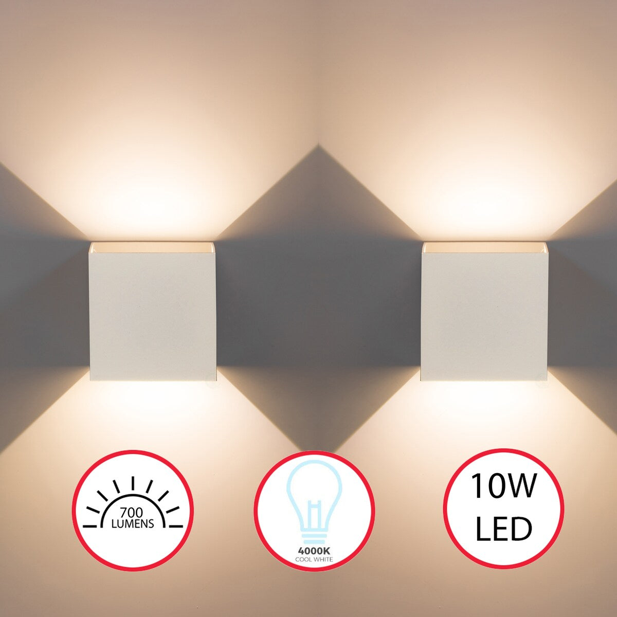 Applique murale moderne LED étanche en aluminium avec faisceau réglable, 10 watts, blanc froid 4000K, pour intérieur et extérieur.