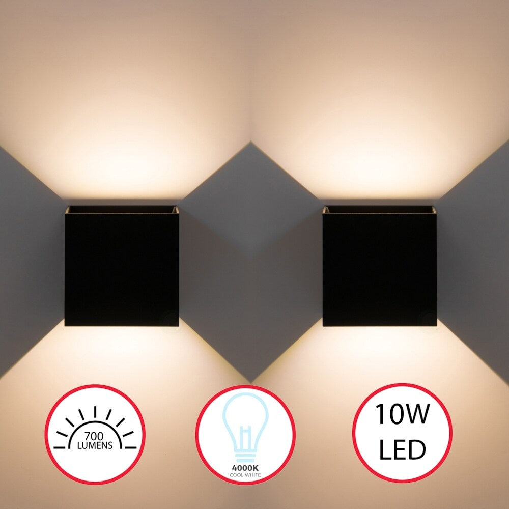 Applique murale moderne LED étanche en aluminium avec faisceau réglable, 10 watts, blanc froid 4000K, pour intérieur et extérieur.