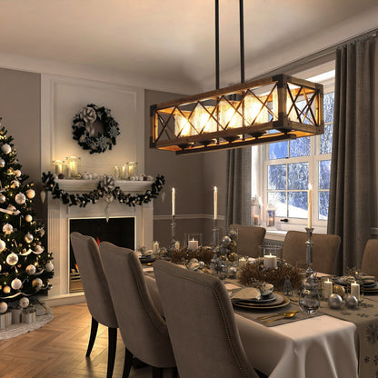 Lustre rectangulaire moderne de style ferme à 5 lumières en bois et verre bullé, idéal pour îlot de cuisine ou salle à manger - 80 cm (L) x 22 cm (l) x 20 cm (H)