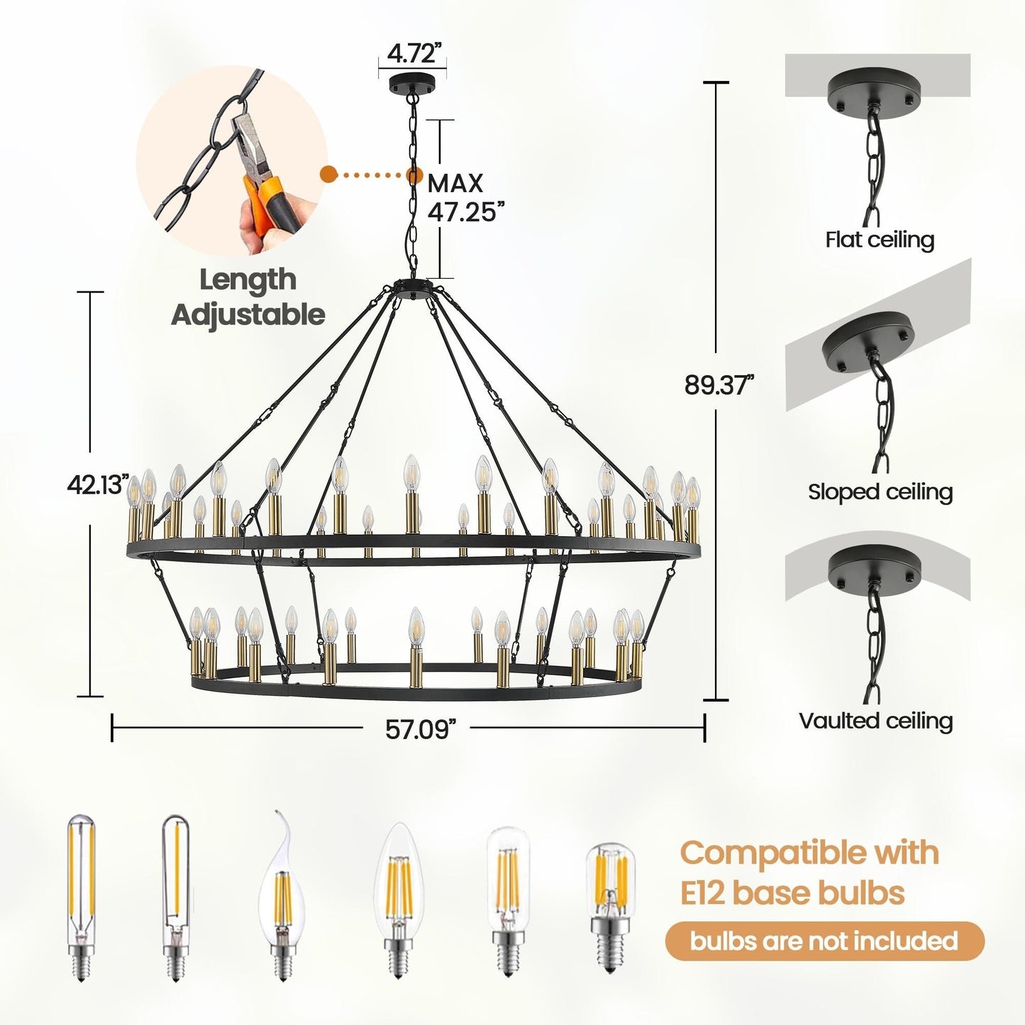 Lustre moderne de style ferme à 2 niveaux, lustre rond en forme de roue de chariot, grand luminaire pour plafond haut.