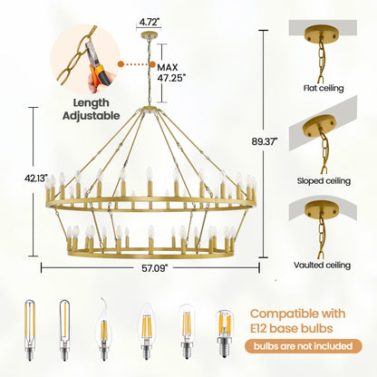 Lustre moderne de style ferme à 2 niveaux, lustre rond en forme de roue de chariot, grand luminaire pour plafond haut.