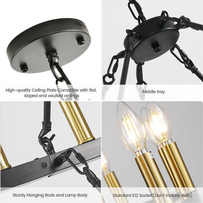 Lustre moderne de style ferme à 2 niveaux, lustre rond en forme de roue de chariot, grand luminaire pour plafond haut.