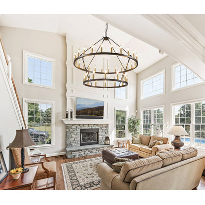 Lustre moderne de style ferme à 2 niveaux, lustre rond en forme de roue de chariot, grand luminaire pour plafond haut.