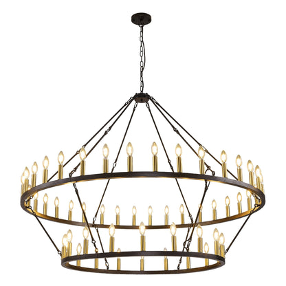 Lustre moderne de style ferme à 2 niveaux, lustre rond en forme de roue de chariot, grand luminaire pour plafond haut.