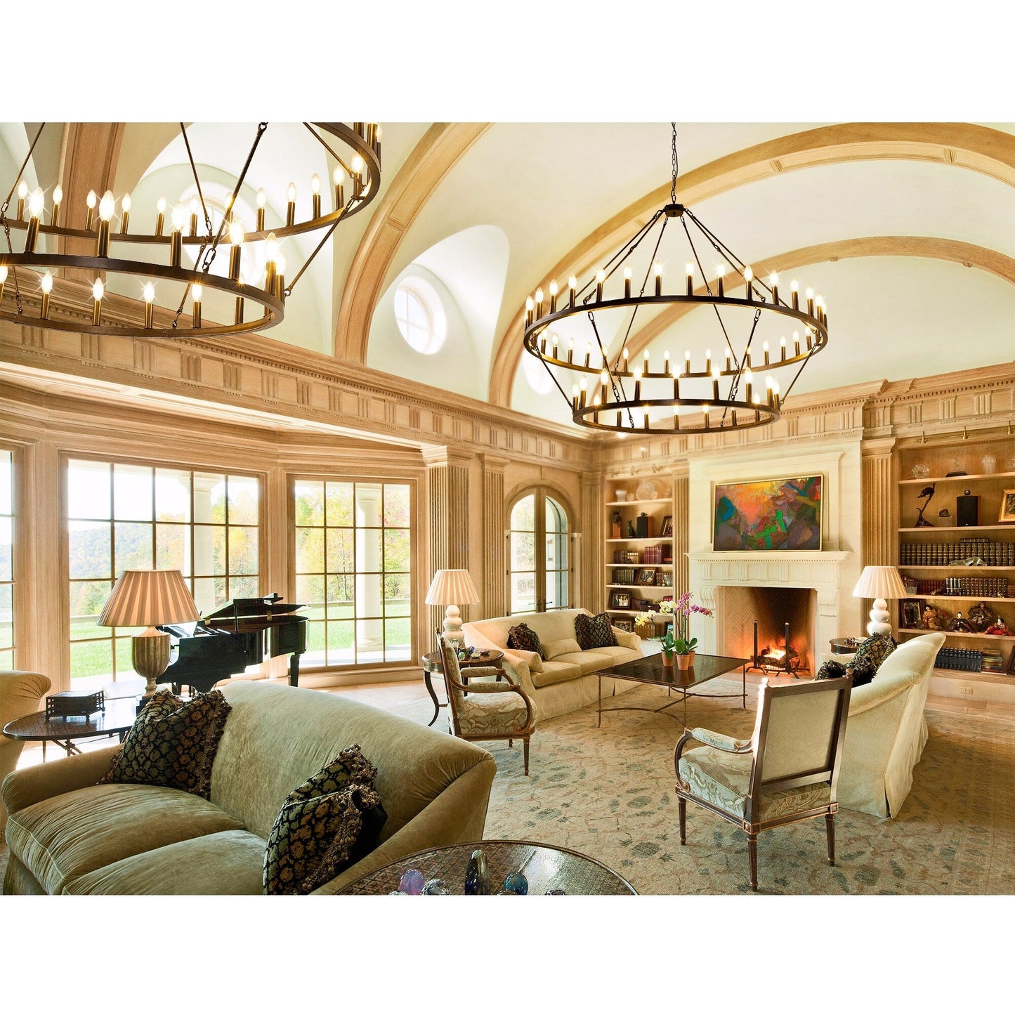 Lustre moderne de style ferme à 2 niveaux, lustre rond en forme de roue de chariot, grand luminaire pour plafond haut.