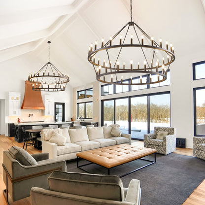 Lustre moderne de style ferme à 2 niveaux, lustre rond en forme de roue de chariot, grand luminaire pour plafond haut.