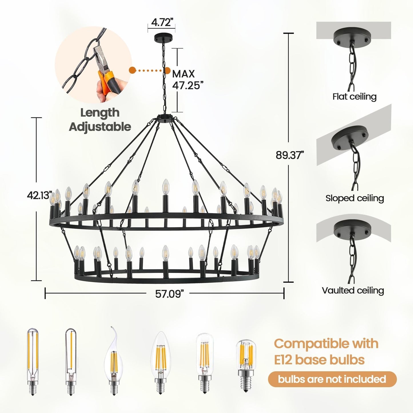Lustre moderne de style ferme à 2 niveaux, lustre rond en forme de roue de chariot, grand luminaire pour plafond haut.