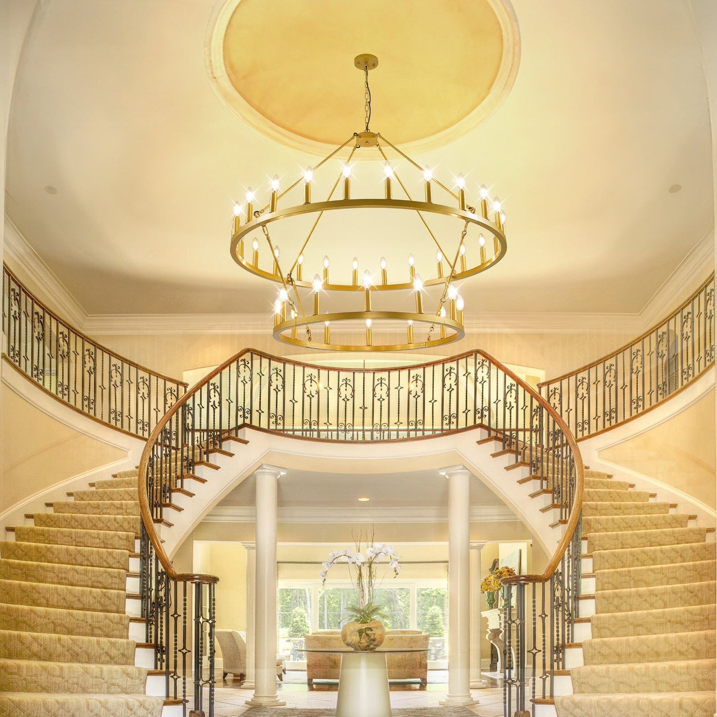 Lustre moderne de style ferme à 2 niveaux, lustre rond en forme de roue de chariot, grand luminaire pour plafond haut.