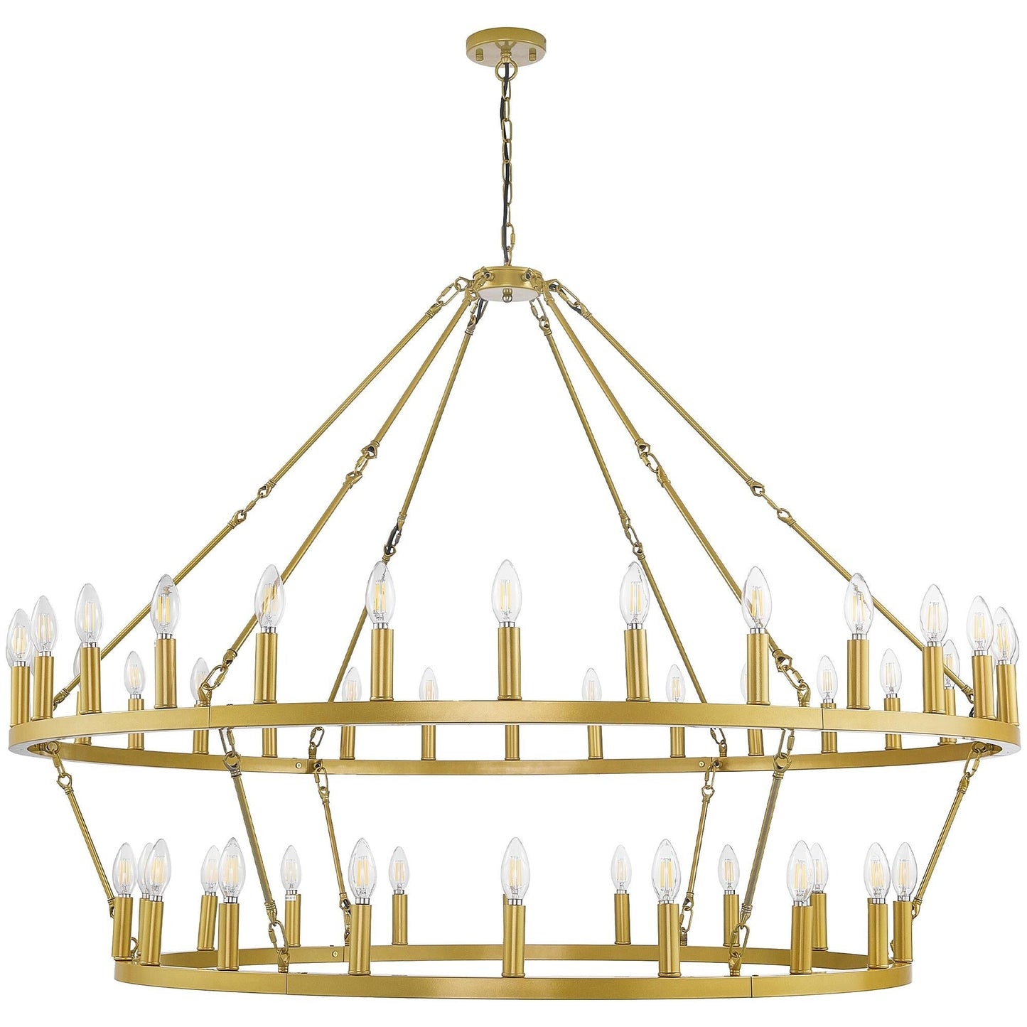 Lustre moderne de style ferme à 2 niveaux, lustre rond en forme de roue de chariot, grand luminaire pour plafond haut.