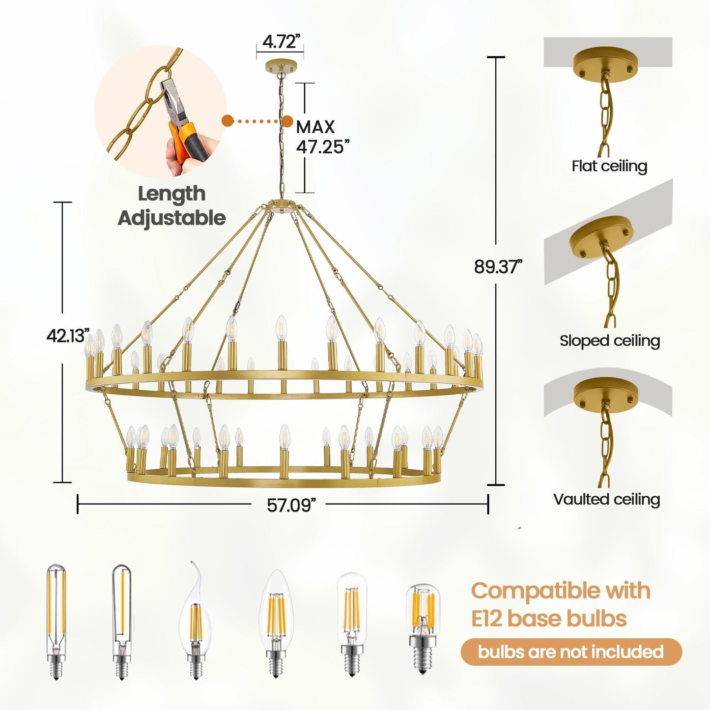 Lustre moderne de style ferme à 2 niveaux, lustre rond en forme de roue de chariot, grand luminaire pour plafond haut.