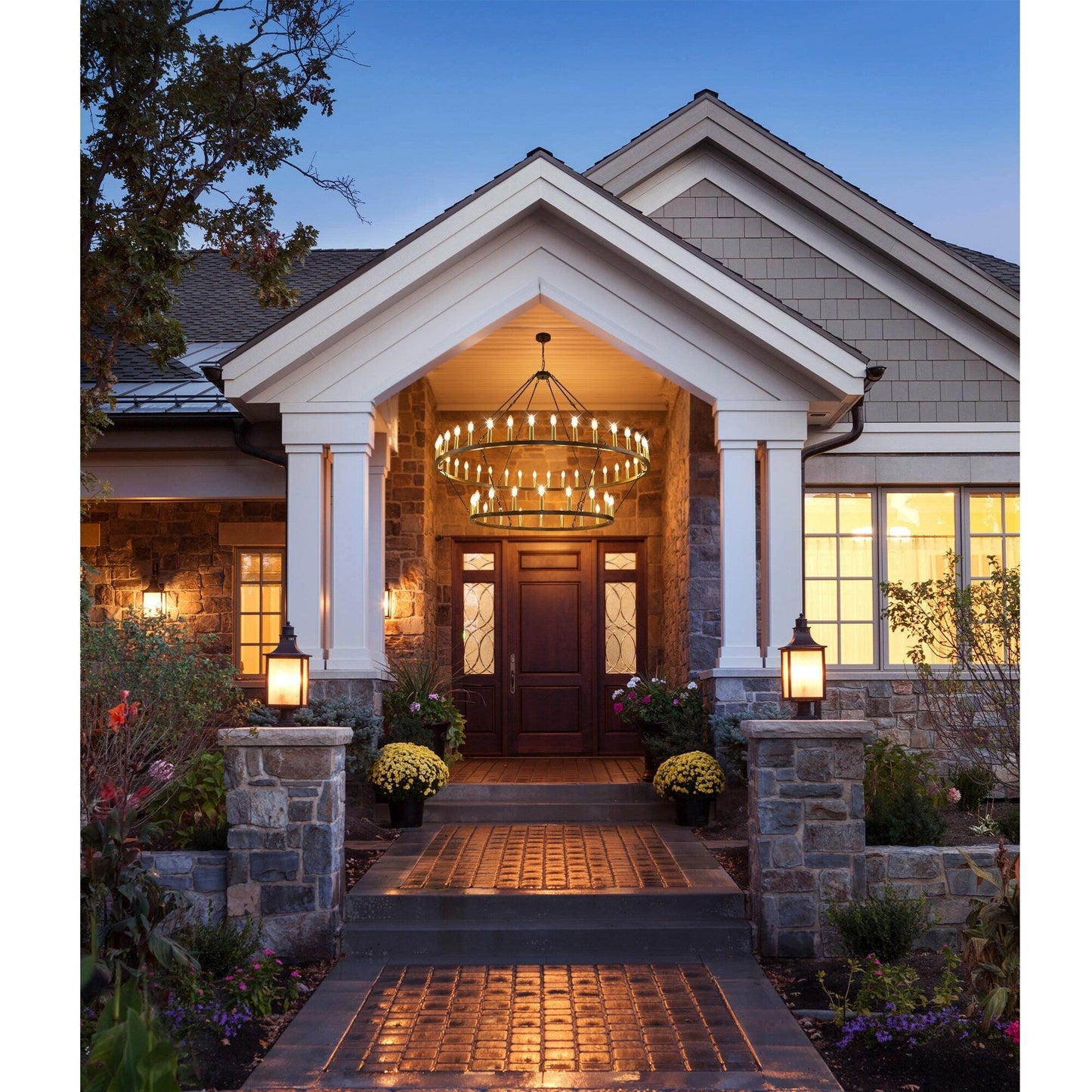 Lustre moderne de style ferme à 2 niveaux, lustre rond en forme de roue de chariot, grand luminaire pour plafond haut.