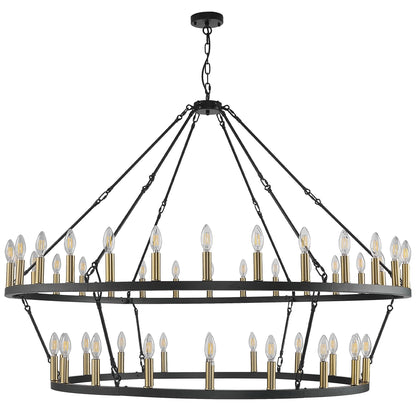 Lustre moderne de style ferme à 2 niveaux, lustre rond en forme de roue de chariot, grand luminaire pour plafond haut.
