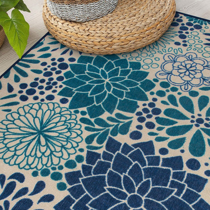 Tapis d'intérieur/extérieur tissé plat à motifs floraux modernes