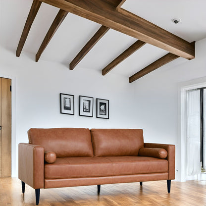 Canapé moderne en cuir véritable avec pieds en bois et coussin cylindrique supplémentaire