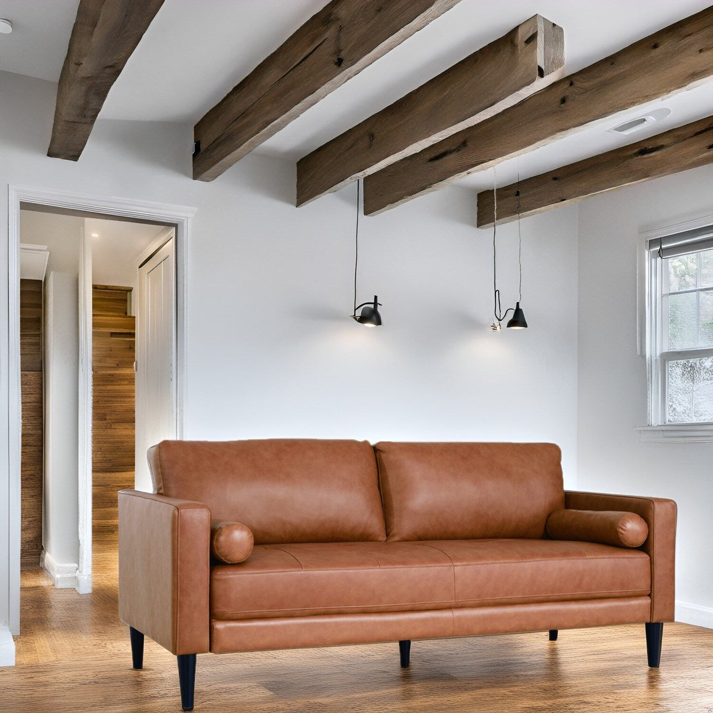 Canapé moderne en cuir véritable avec pieds en bois et coussin cylindrique supplémentaire