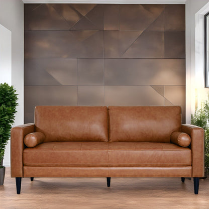 Canapé moderne en cuir véritable avec pieds en bois et coussin cylindrique supplémentaire