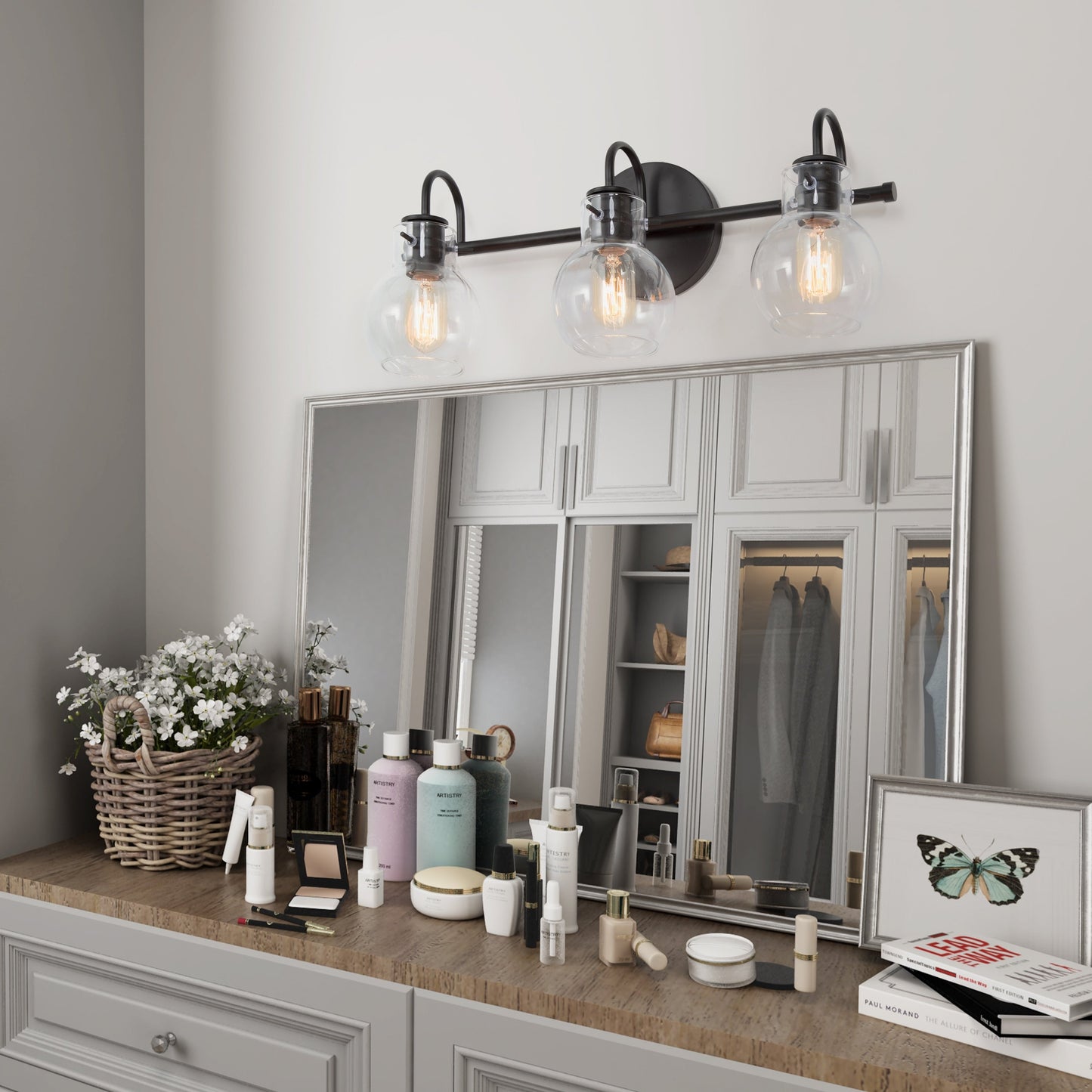 Applique murale moderne dorée à 3 lumières pour salle de bain, sphère en verre