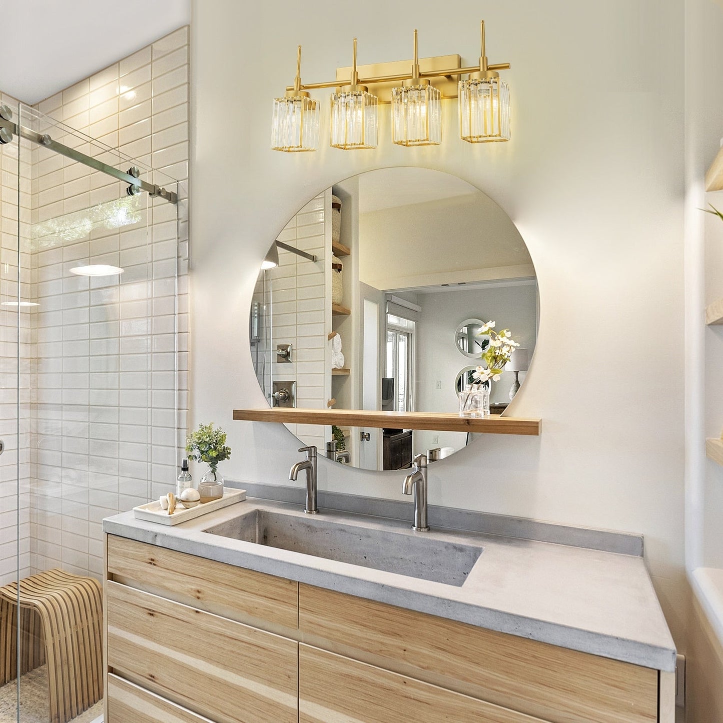 Applique murale moderne dorée à intensité variable, style cylindrique glamour pour salle de bain, applique murale en cristal pour coiffeuse