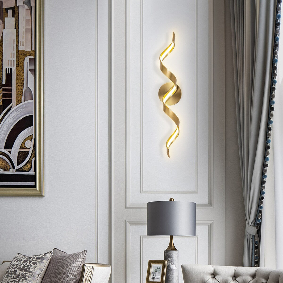 Applique murale LED moderne à spirale pour salle de bain, intensité variable.