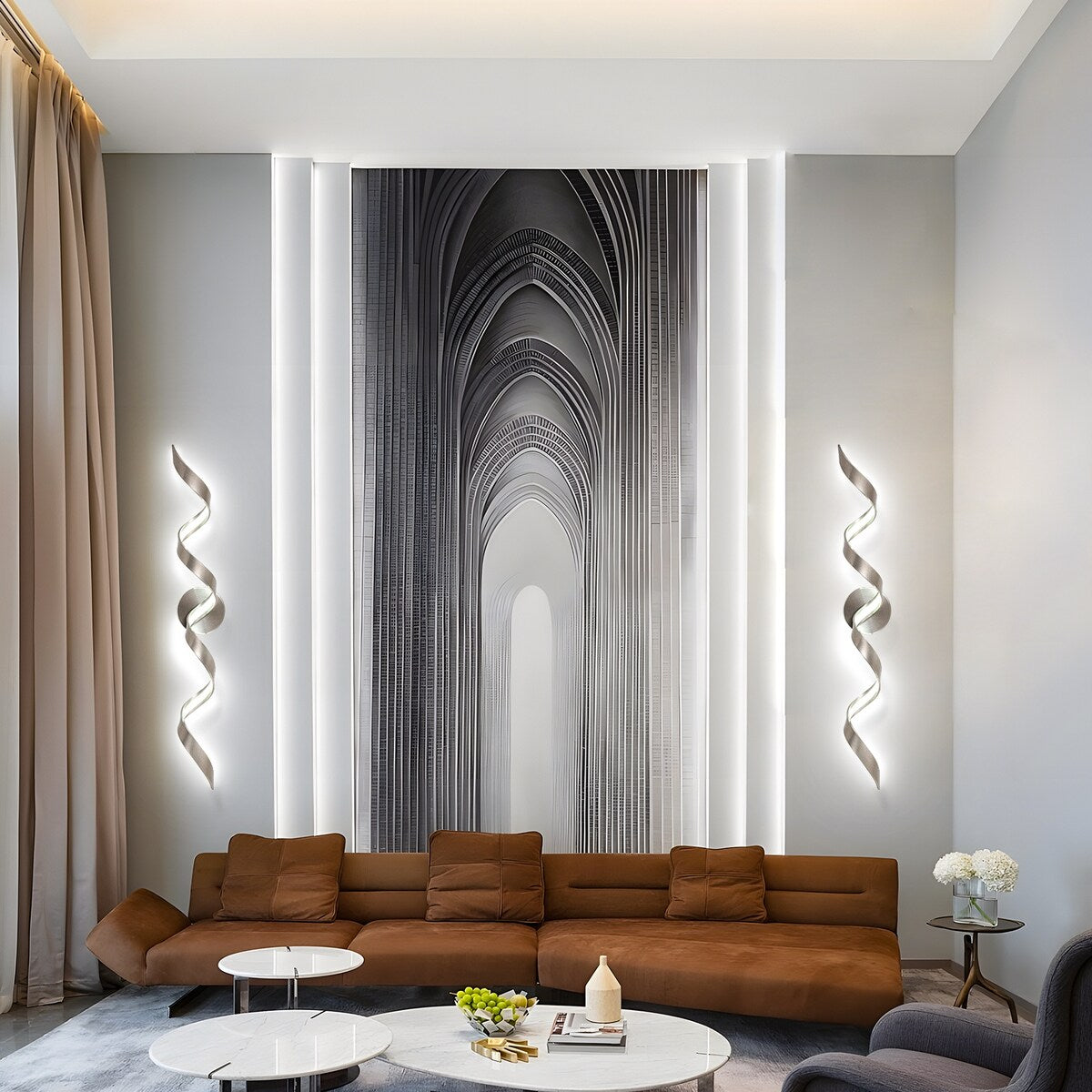 Applique murale LED moderne à spirale pour salle de bain, intensité variable.