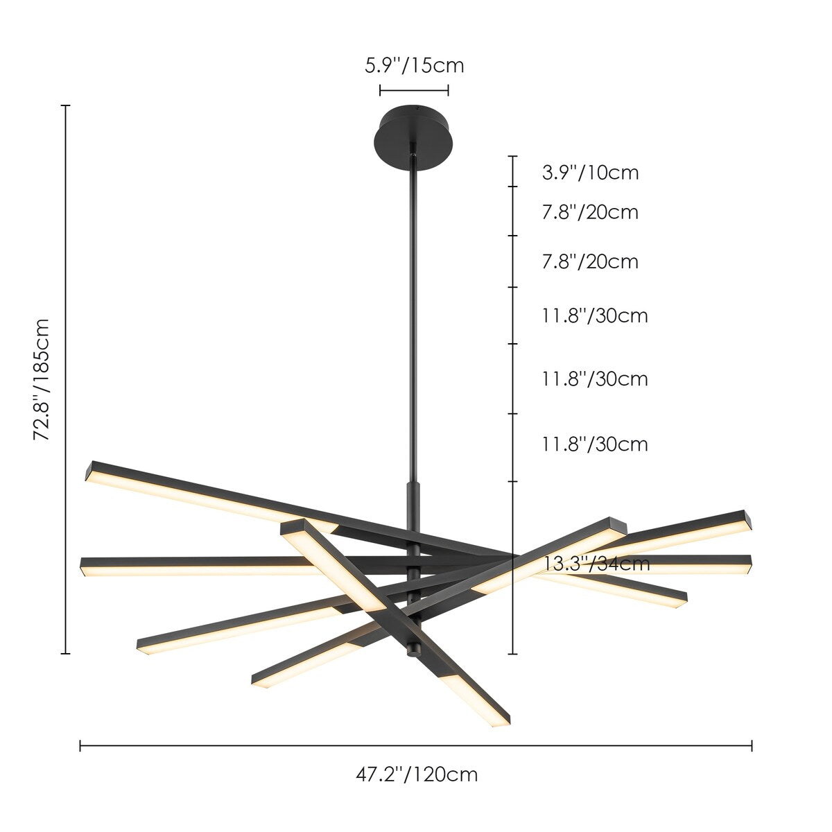 Lustre moderne linéaire à plusieurs niveaux de style Sputnik, lumière chaude 3000K, LED intégrée