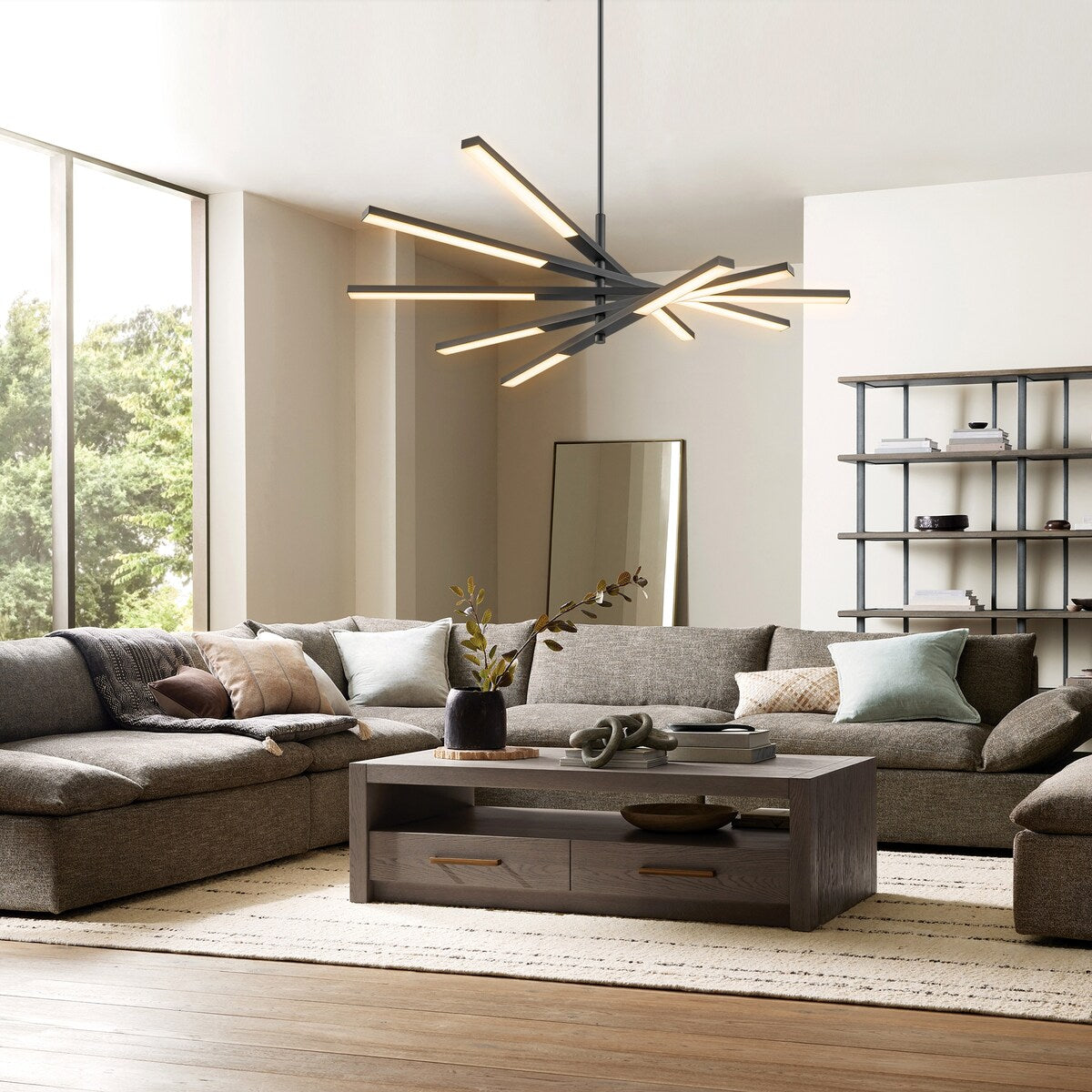 Lustre moderne linéaire à plusieurs niveaux de style Sputnik, lumière chaude 3000K, LED intégrée