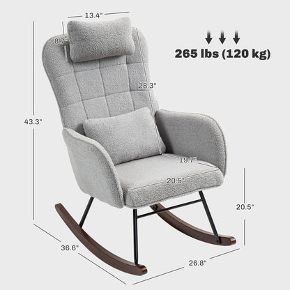 Fauteuil à bascule rembourré moderne avec dossier haut, appui-tête et coussin lombaire pour salon ou chambre à coucher