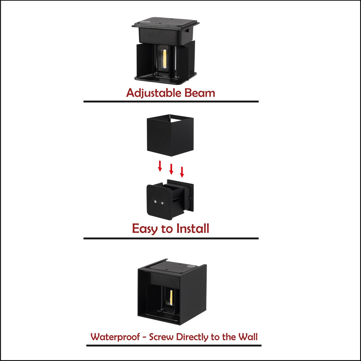 Applique murale moderne LED étanche en aluminium avec faisceau réglable, 10 watts, blanc froid 4000K, pour intérieur et extérieur.