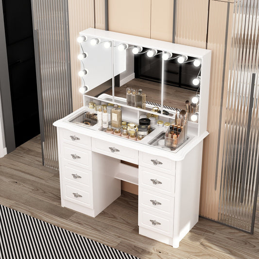 Miroir de maquillage pliable blanc moderne avec éclairage réglable - 40,2 x 54,1